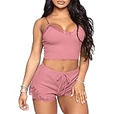 RUEWEY Women's V-Neck Sleeveless Pajamas Set Lace Cami Set with Short Pants Sleepwear PJ Set Nightwear