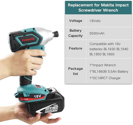 Powayup pour Makita cl/&eacute; /&agrave; chocs sans fil 1X 18V 5.5Ah batterie pour Makita BL1860B et 1X chargeur Li-ion de 14,4 V 18 V pour Makita