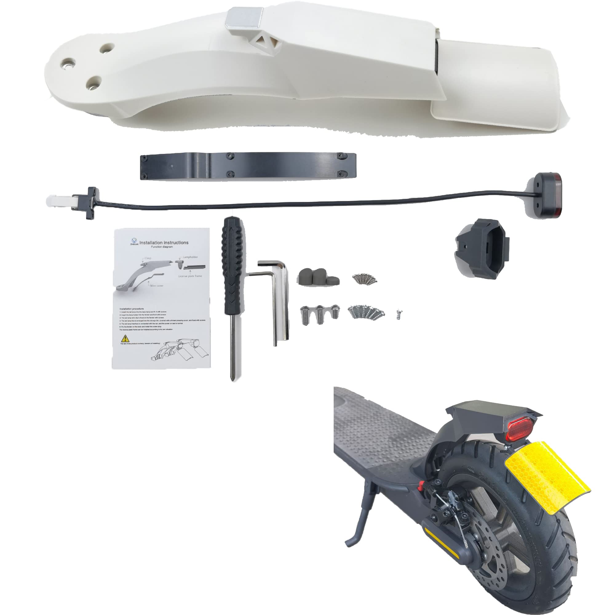 Fututech Rear Light + Rear Mudguard Kit for Xiaomi M365 Fender Electric Scooter Accessory Replacement Part for Scooter Modification (White)