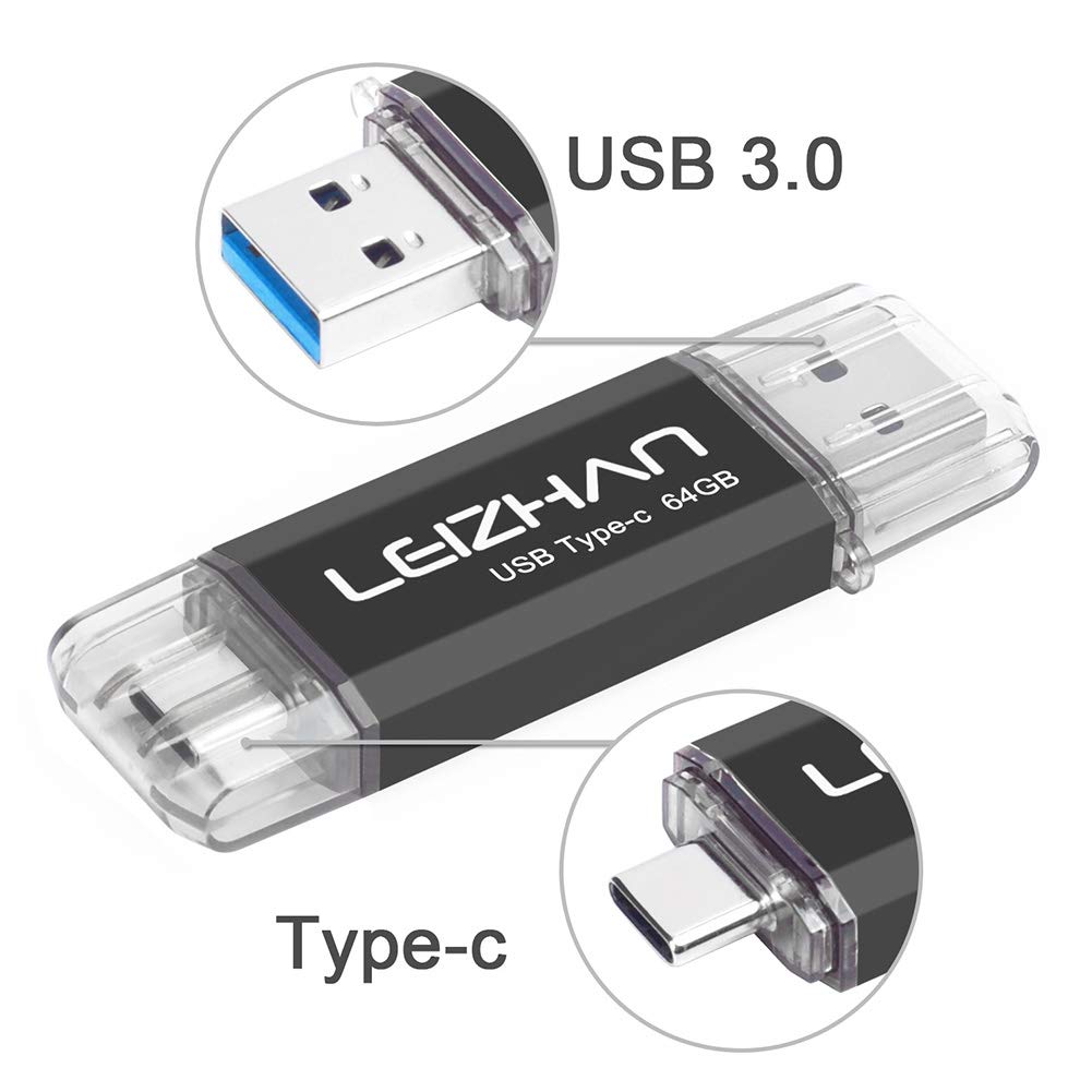 leizhan 64GB USB 3.0 Flash Drive Thumb Drives Jump Drive USB Memory Stick Type-C/USB-A 2 in 1 - Black
