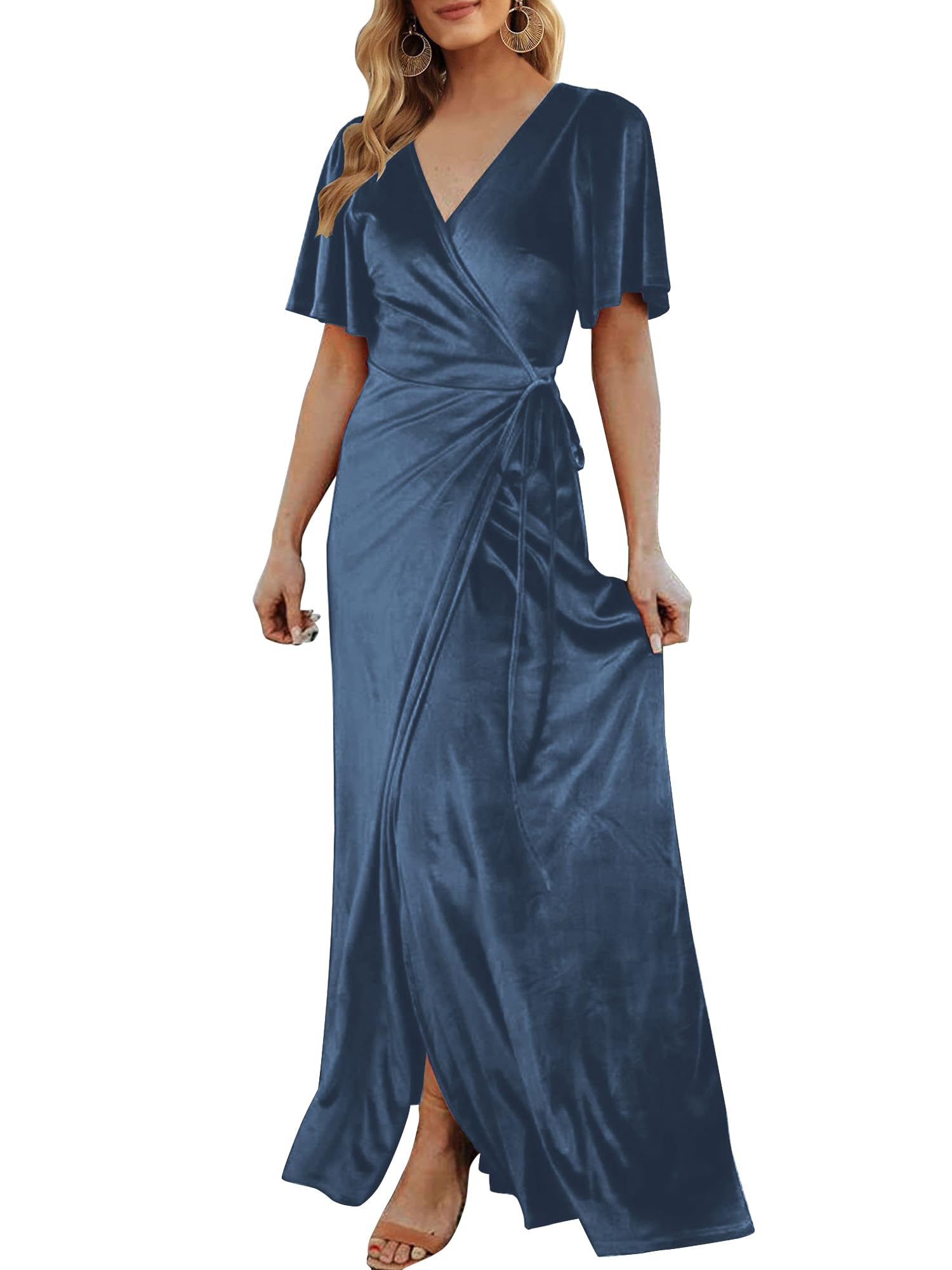 Photo 1 of CYiNu Women's Wrap Velvet Maxi Dress V Neck Bell Sleeve Split Elegant Cocktail Party Dress(Blue,M)