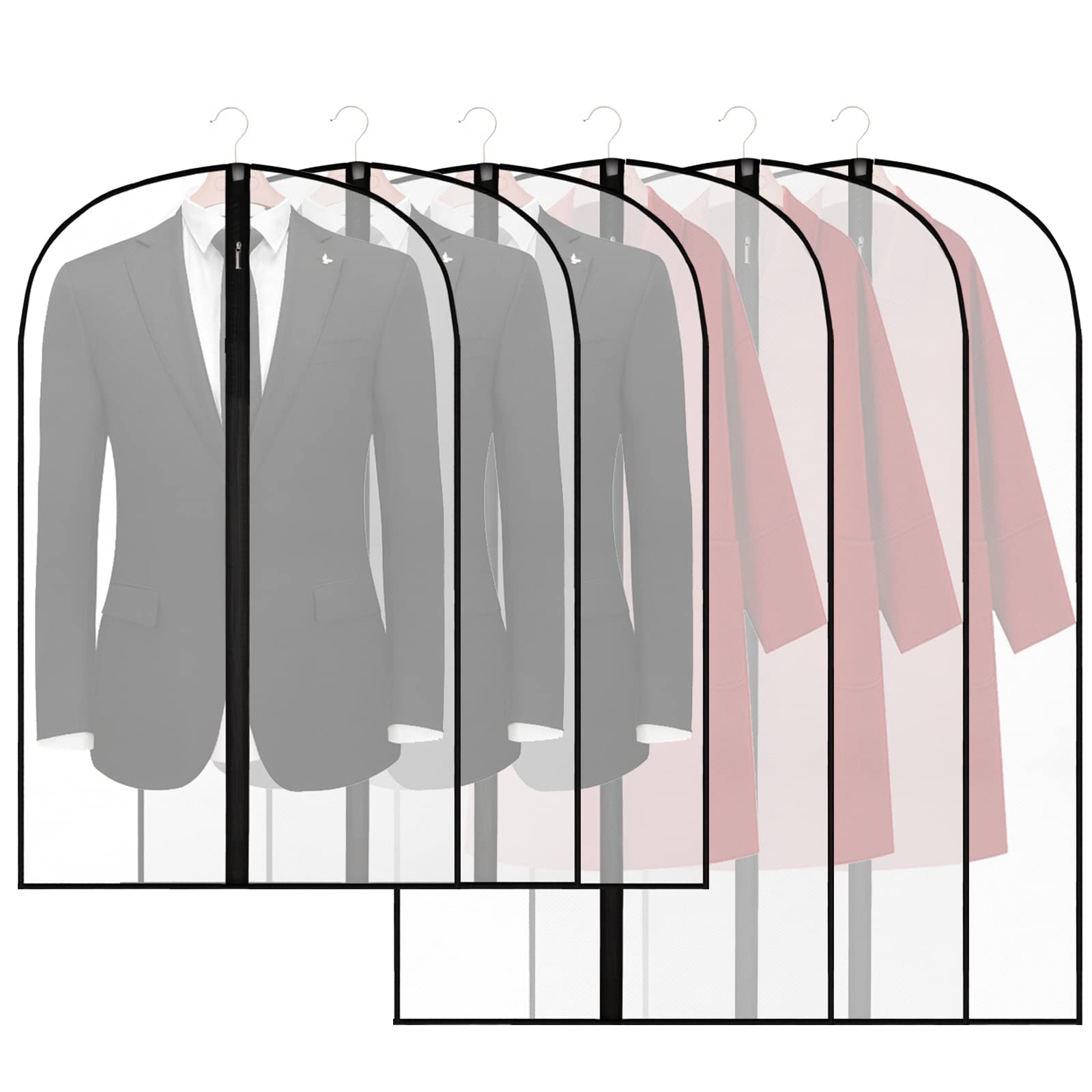 6Pack in 2 Sizes Breathable Clothes Covers with Zip, Hanging Garment Covers Bags, Moth-Proof Storage Bag for Men Suit, Dress Bag Covers, Dust Cover Bag for Wardrobe Storage Travel, Clear