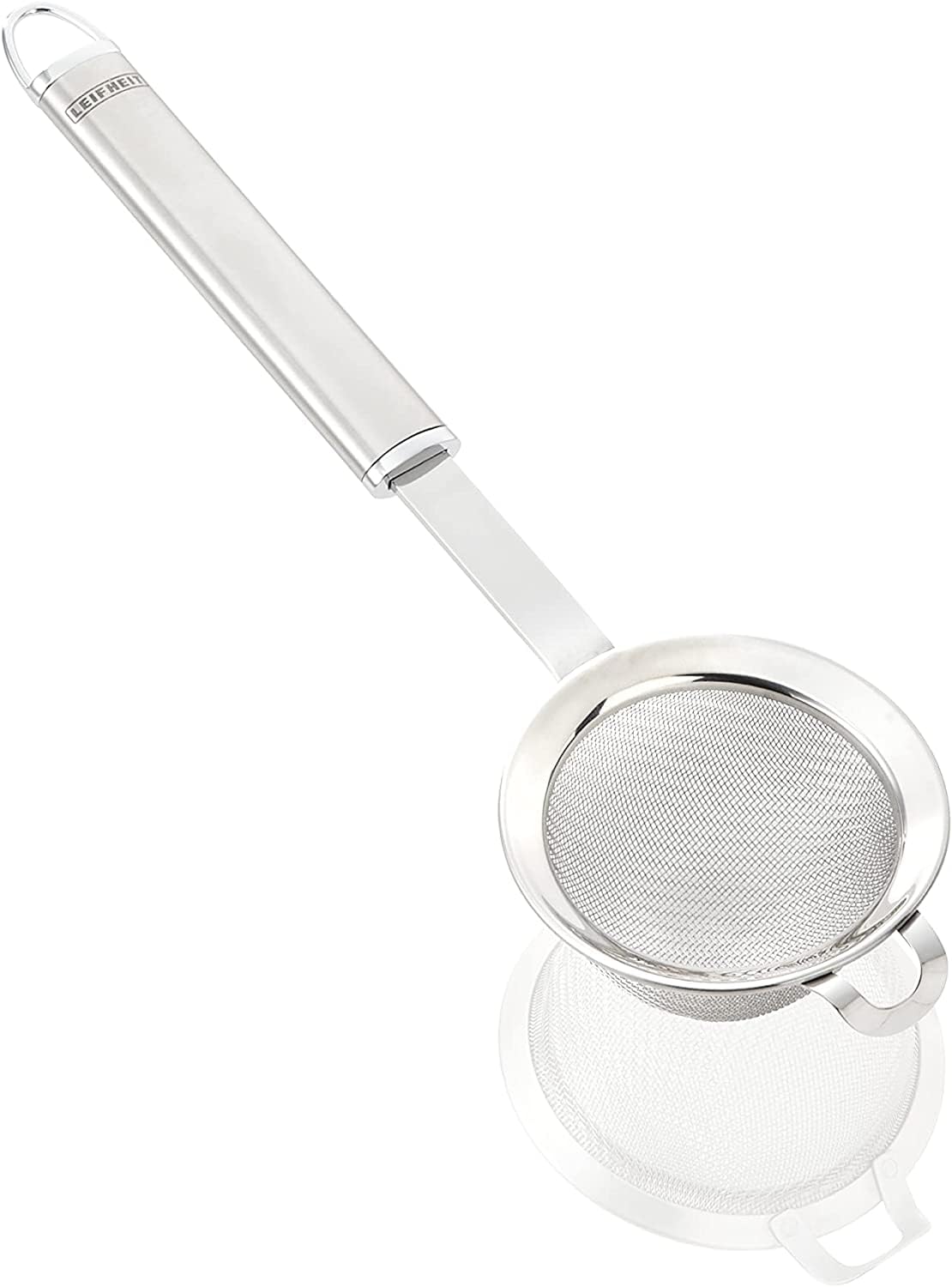 Leifheit kitchen sieve 7.5 cm, small fine-mesh pasta sieve made stainless steel, sieve with practical hanging loop and handle with thumb recess, household sieve, silver