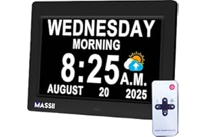 MASSII Dementia Voice-Talking Clock with Date and Time, 20 Alarms Custom Reminder, Sleep Trainer, Large Numbers, Auto DST, Night Dimmer, Calendar Clock for Dementia, with 1.5M Adaptor