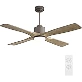 WINGBO 54 Inch DC Ceiling Fan with Lights and Remote Control, 4 Carved Solid Wood Blades, 6-Speed Noiseless Reversible DC Motor, Modern Ceiling Fan in Graphite Finish with Gray Blades