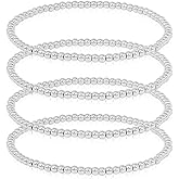 SM Stainless Steel Gold Silver Rose gold Beaded Ball Bracelets Set for Women Stretchable Elastic Bracelet (Set 4pcs - 3mm Solid Silver)