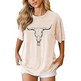 Women Boho Cow Skull Rodeo T-Shirt Vintage Western Graphic Tee Top Short Sleeve Bull Skull Cowgirls Casual Shirt
