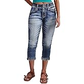 Flamingals Women's Denim Capri Jeans for Women Mid Rise Skinny Capri Pants for Summer White Mid Blue XL