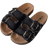 Roxoni Women's Comfort Flat Sandals Double Buckle Adjustable Straps Flat Slides Footbed Suede