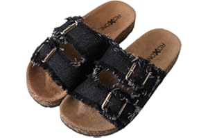 Roxoni Women's Comfort Flat Sandals Double Buckle Adjustable Straps Flat Slides Footbed Suede