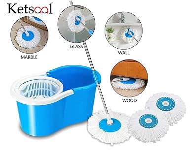 Ketsaal 360 Degree Spin Bucket Mop with 3 Refills- Super Absorbent Refills for All Type of Floors,