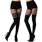 Hoxcaki Faux Thigh High Tights Mock Suspender Pantyhose Black Fishnet Tights Over the Knee Goth Stockings Pack of 2