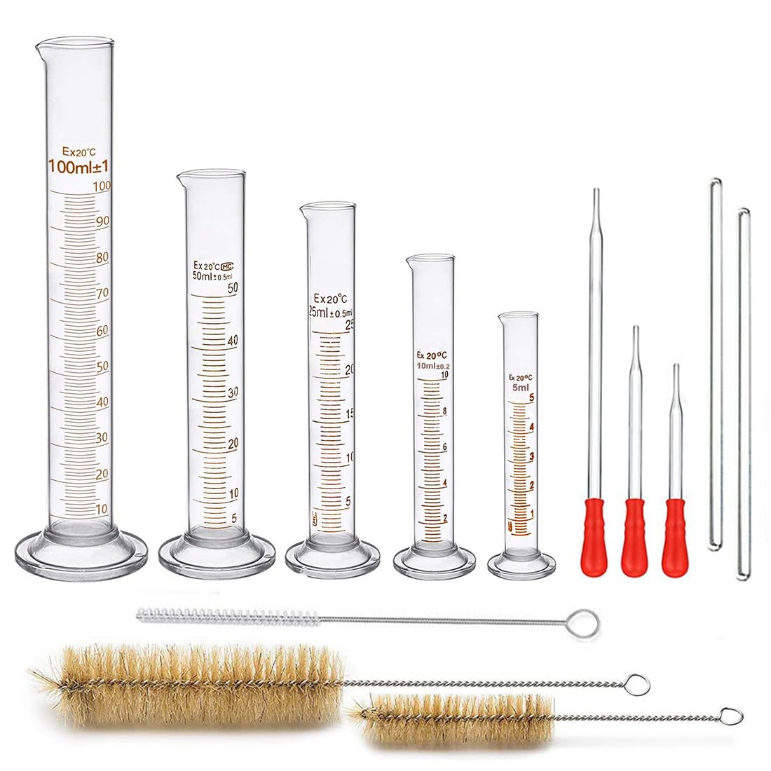 Glass Graduated Cylinder, JESSTOLO 13Pcs Thick Glass Measuring Cylinders with 5 Cylinders 5ml/ 10ml/25ml/50ml/100ml, 3 Glass Dropper, 3 Cleaning Brush and 2 Glass Stirring Rod for Chemical Measuring
