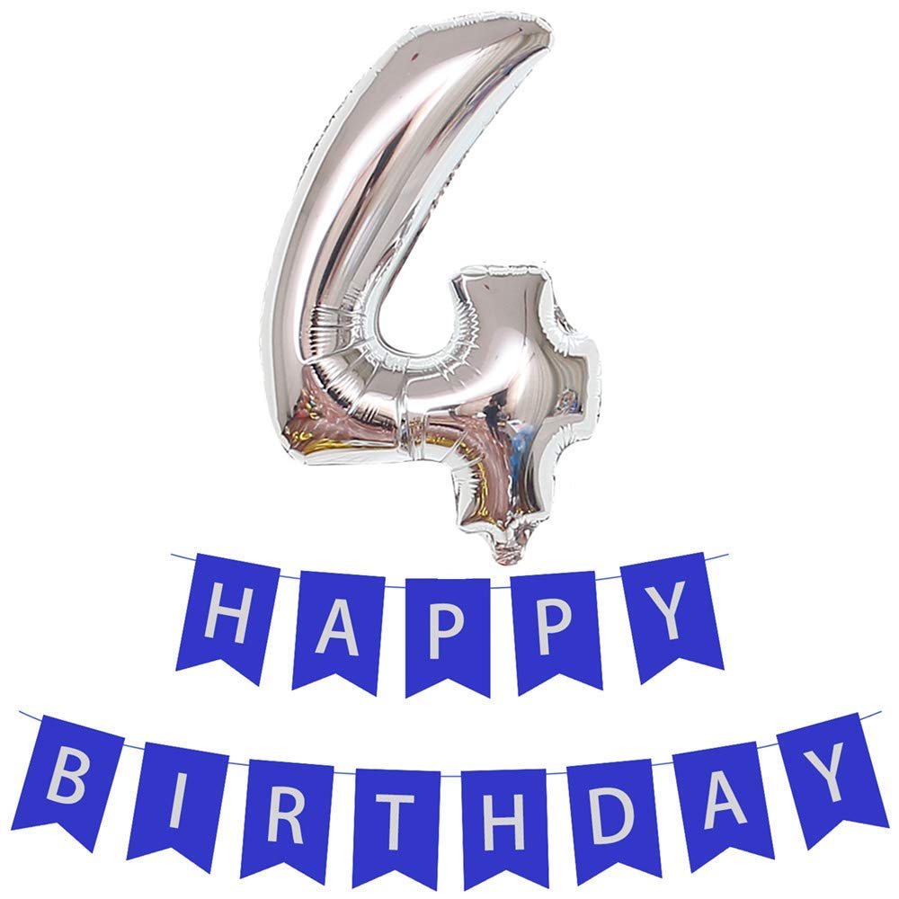 Number 4 Foil Balloons with Happy Birthday Banner Bunting for Boys, 4 Year Old 4th Birthday Helium Foil Balloons Blue Banner for Surprise Party Decorations Anniversary
