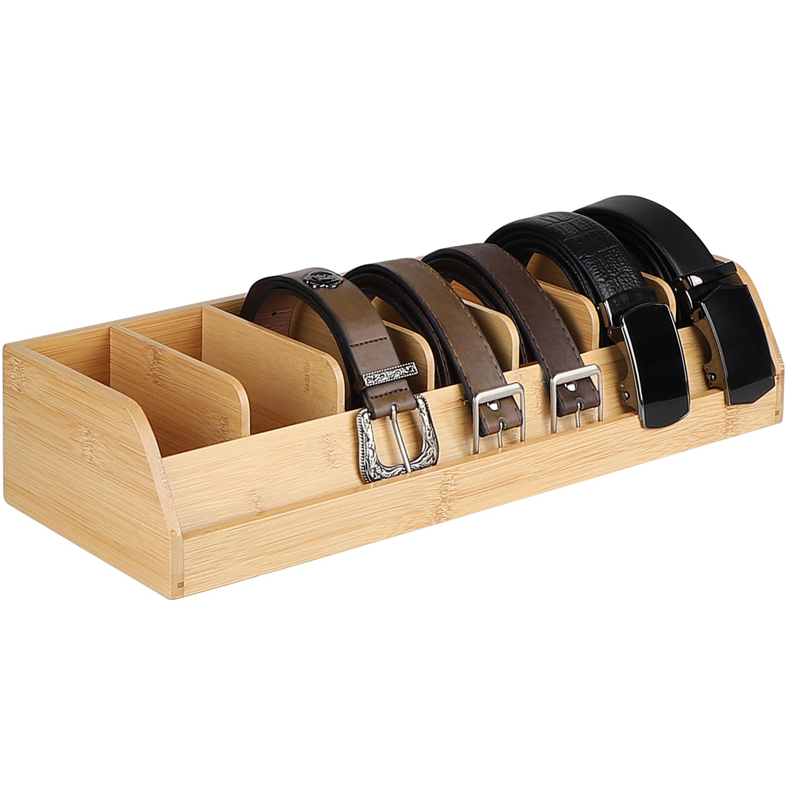 DBREAKS Belt Storage, 7 Compartments Belt Organiser, Bamboo Belt Display Case, Belt Storage Box, Belt Holder Box for Cabinet and Drawer, Belt Belt Organiser (Original Wood Colour)