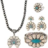 4 Pack Boho Vintage Turquoise Jewelry for Women, Bohemian Western Jewelry Set with Vintage Turquoise Necklace Dangle Earrings Stretchable Bracelet Ring, Country Cowgirl Accessories for Gift