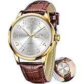 Taxau Men's Watch Big Face Easy Read Arabic Numeral Dress Watches for Men Classic Black Brown Leather Band Analog Mens Wrist Watch with Day and Date Fashion Business Waterproof Luminous Quartz Watch