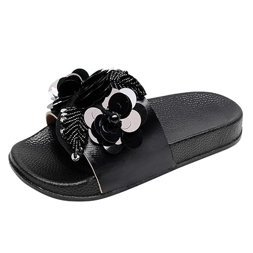 Yesmile Damen Sandalen Pantoletten Damen Sommer Flach Bade Schlappen mit Blumen Strass Frauen Weiche Rutschfest Strand Badesc