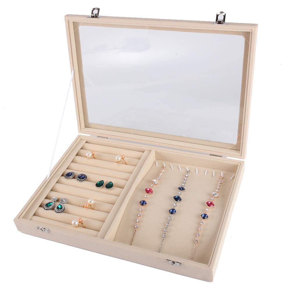 POFET Multi-Function Slot Jewelry box with glass lid, Velvet Glass Earrings Tray Box for Display and storage, Jewelry Organizer Case for Necklace, Bracelets, Rings, and Earrings