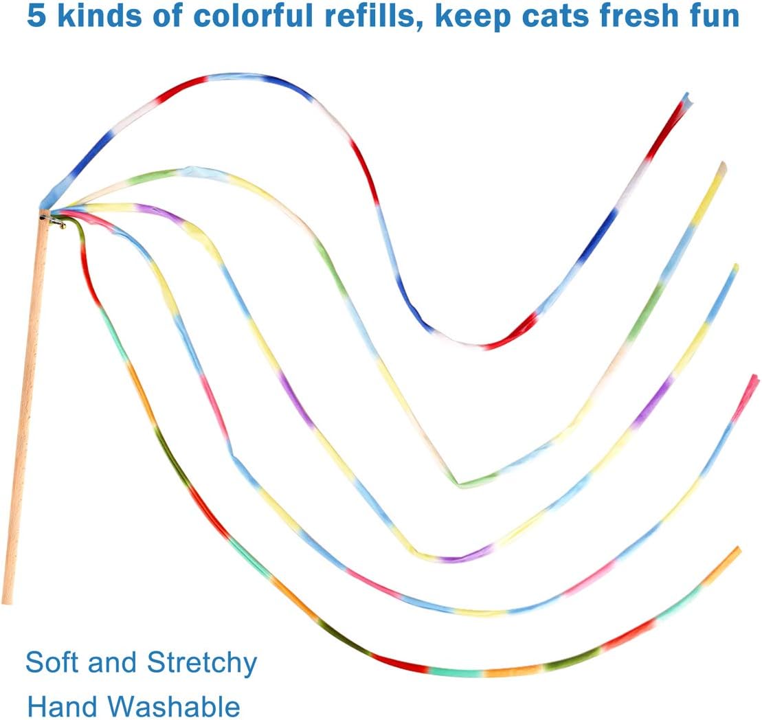 Interactive Cat Toys Rainbow Cat String Toy with Bell, Replaceable Wood Cat Wand with 5PCS Colorful Fabric Ribbon Refills, Safe Cat Catcher Teaser Stick Toy for Kittens Training Pets Exerciser : Pet Supplies