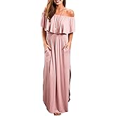 Sarin Mathews Womens Off The Shoulder Ruffle Party Dress Casual Side Split Beach Long Maxi Dresses with Pockets
