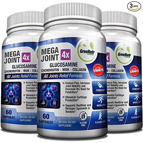 Megajoint 4X Quadruple Joint Relief Formula – Daily Glucosamine, Chondroitin, MSM, and Collagen Pills For Maximum Joint Pain Relief (3 Bottles)