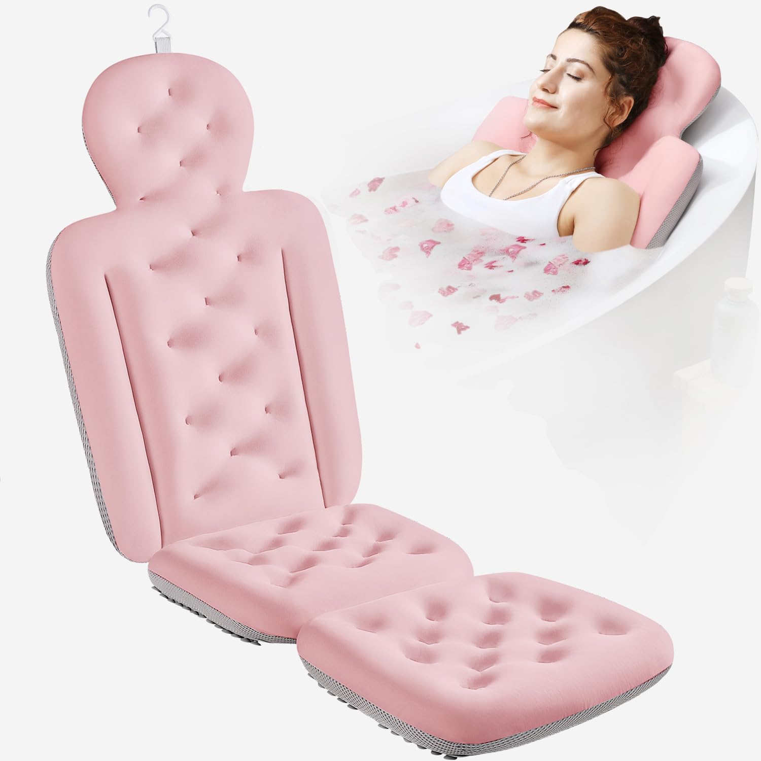 Photo 1 of Full Body Bath Pillow for Bathtub, Thick Bathtub Cushion with Laundry Bag, Luxury Tub Pillow for Bath for Headrest Neck and Back Support Pink 51" x 16"