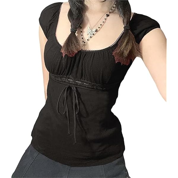 Women's Fairy Grunge Crop Top - Y2K Short Sleeve Shirt With Bow & Lace
