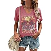 Women's T-Shirt V-Neck Graphic Tees Vintage Boho Flowers Shirt Summer Casual Plant Short Sleeve Tshirt Tops
