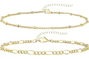 Gokeey Ankle Bracelets for Women, 14k Gold Plated Waterproof Layered Cuban Figaro Link Chain Anklets Set Gold Anklets Jewelry Gift Adjustable Size 5pc