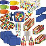 Lego Theme Birthday Party Supplies for 8: Plates, Cups, Napkins, Tablecloth, Cutlery, Streamers, Candles, Loot Bags, Birthday Hats