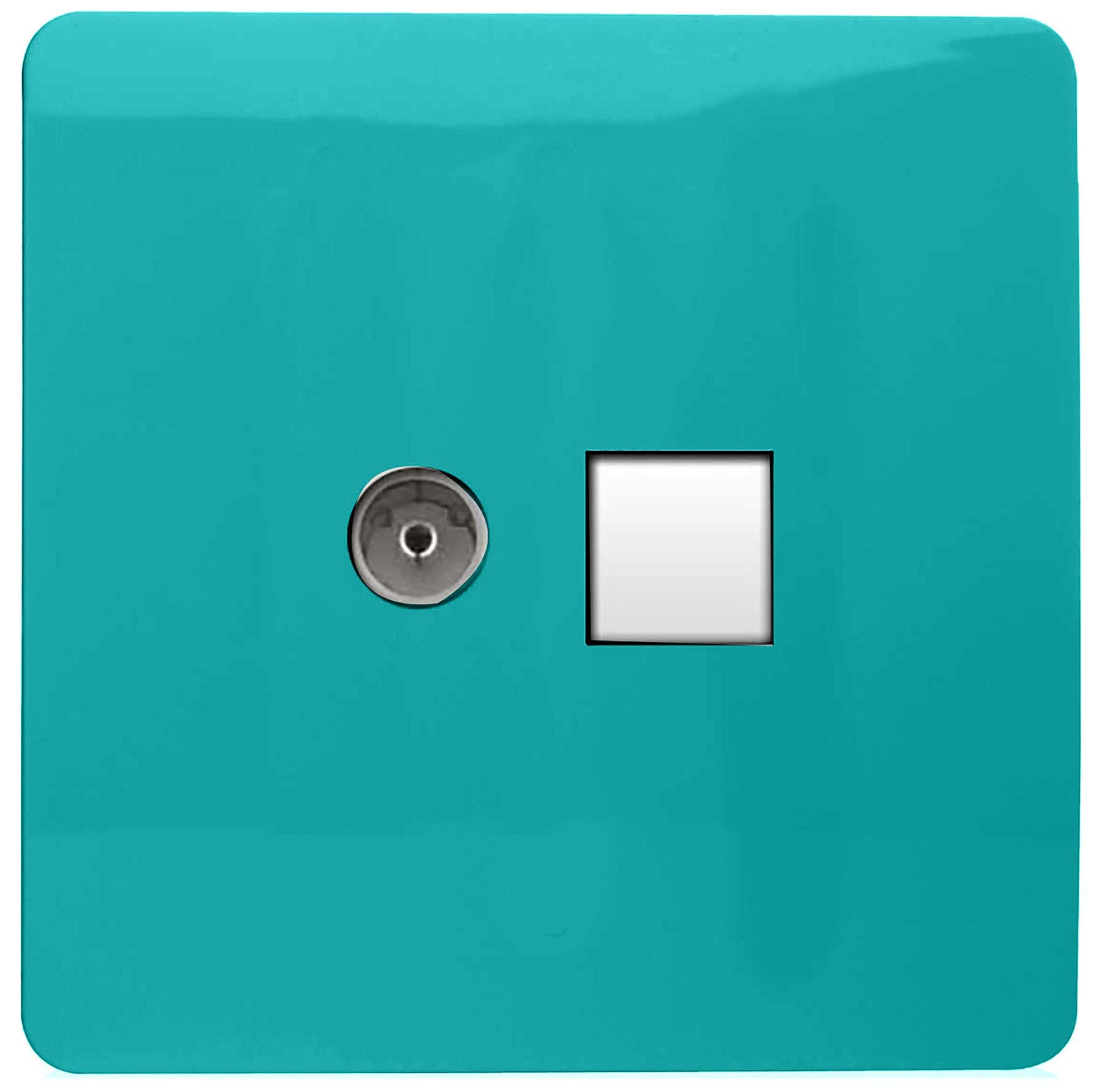 Trendi Artistic Modern Glossy Tactile TV Co-axial Socket + Telephone Socket Bright Teal