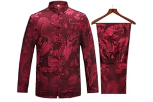 wecotton Tang Suit Men Hanfu Chinese Traditional Clothes Kung Fu Shirt Uniform Long Sleeved Coat Tops and Pants