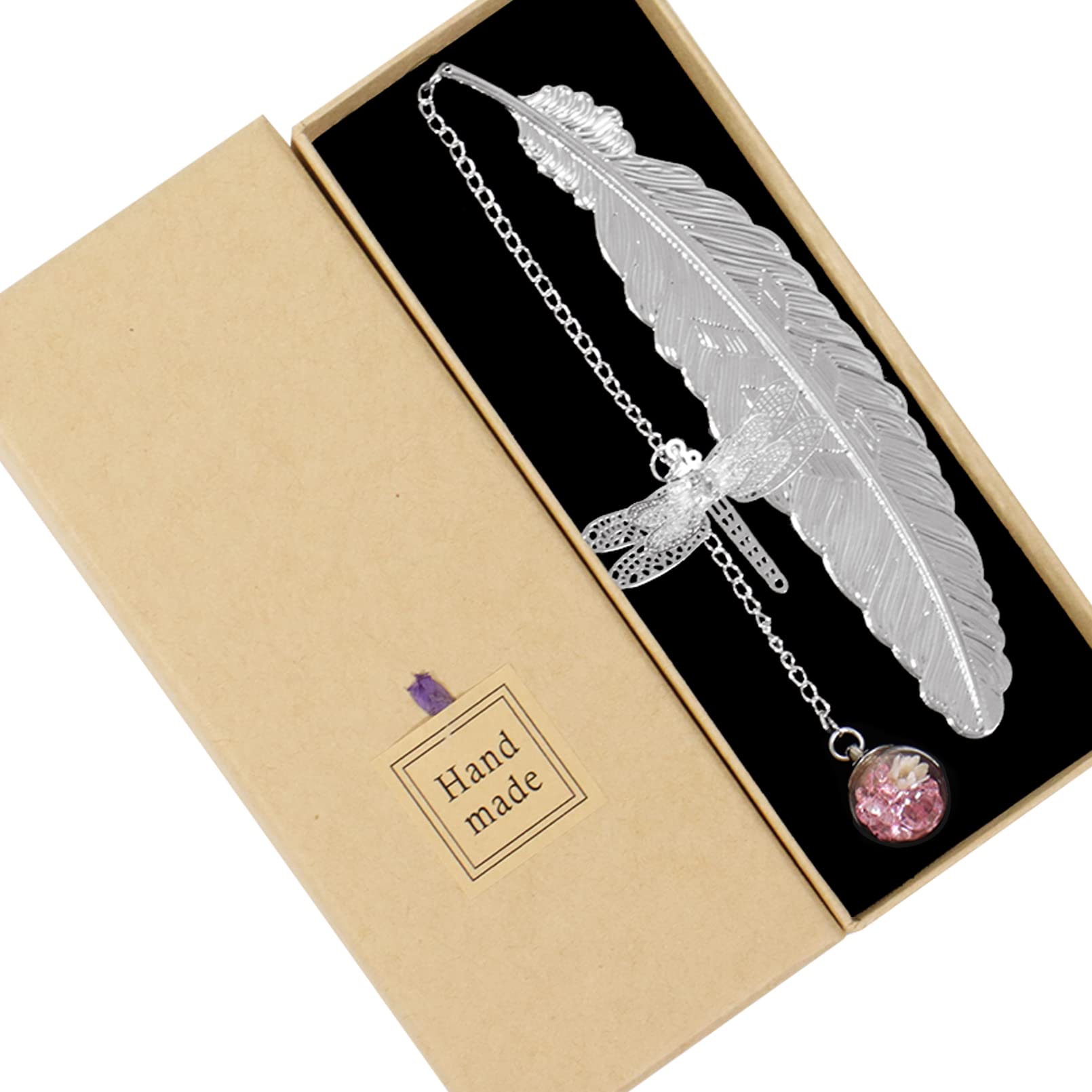 Metal Feather Bookmark with 3D Dragonfly Pendant - Gift for Women, Readers, Kids, Pink