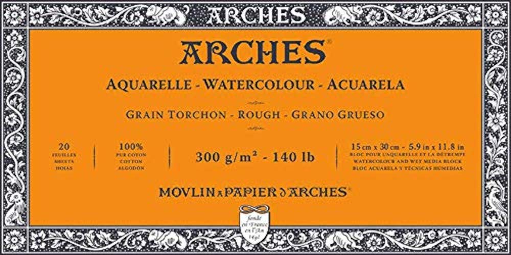 Pad of 20 Watercolour Sheets (Glued on 4 Sides) 15 x 30 cm 300 g/m², Natural White Tea Towel Grain