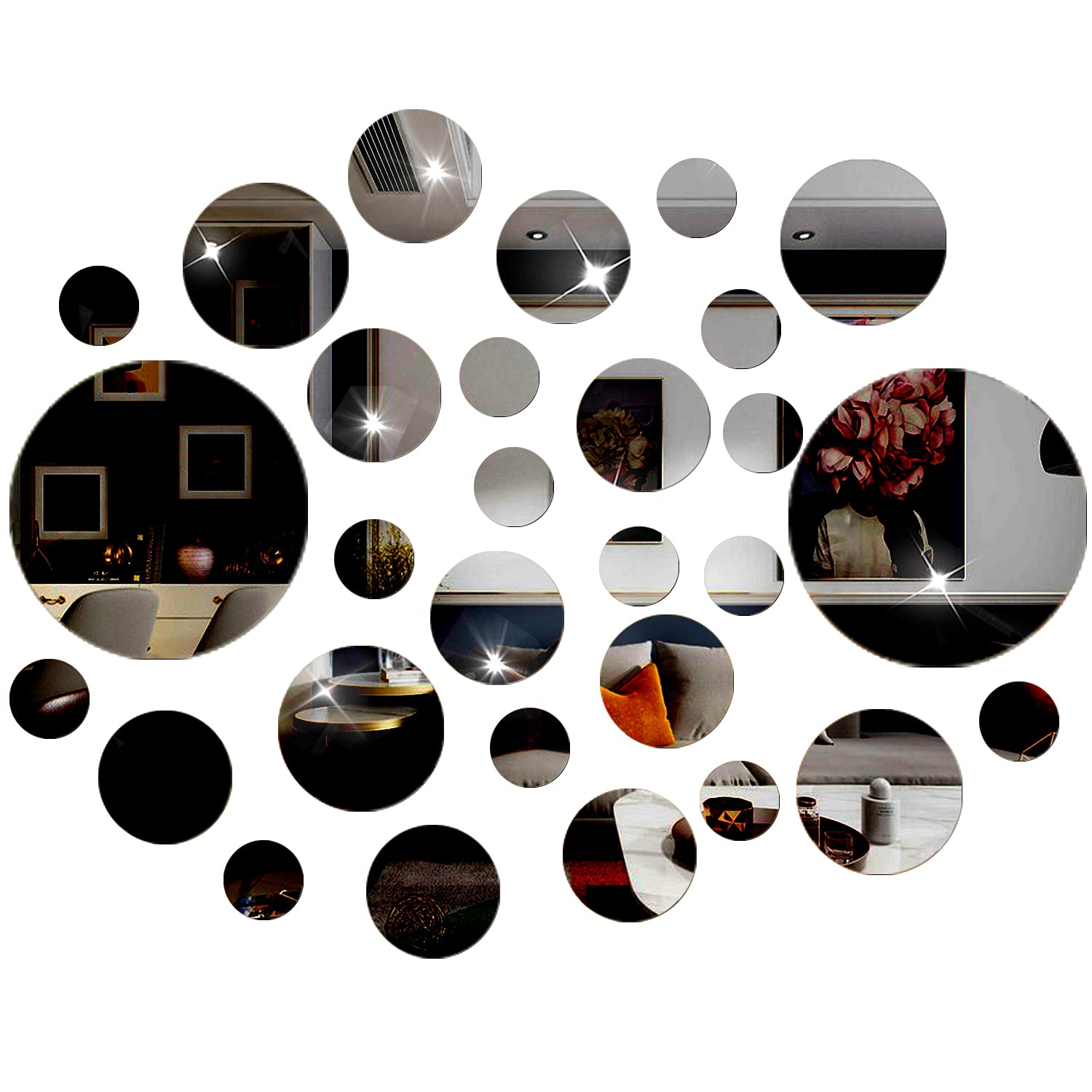 NAILDOKI DIY Wall Decals Acrylic Mirror Sticker Set 60 Pcs, Circle Mirror Wall Stickers for Living Room Bedroom Decor (Black)