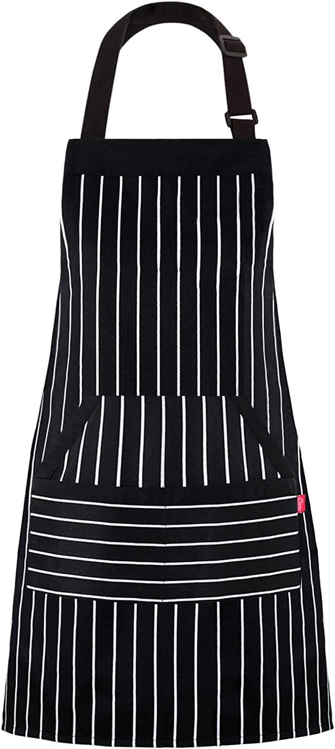 ALIPOBO Kitchen Cooking Apron for Women and Men, Adjustable Chef Bib Apron with Pockets - 32" x 28" - Black/White Pinstripe- 1 Pcs