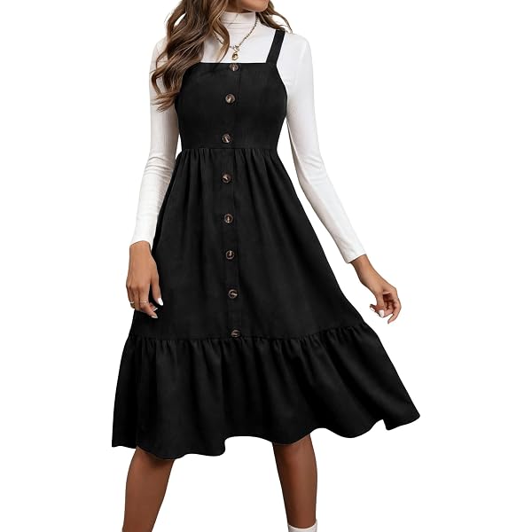 knee length dresses for ladies Corduroy Pockets A-Line Sleeveless Casual Midi Pinafore Dress, Black / Xs main image 0