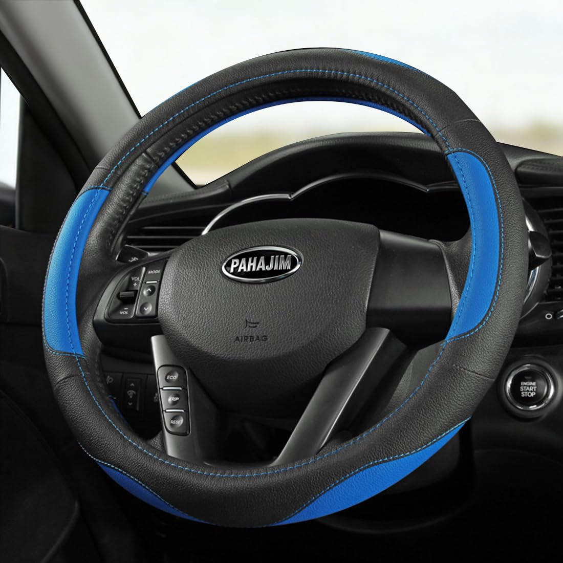 Pahajim Car Steering Wheel Covers Leather,Universal 15 Inch Breathable Anti-Slip,Anti Skid Thin Soft Microfiber Leather Car Accessories Interior (black-blue)