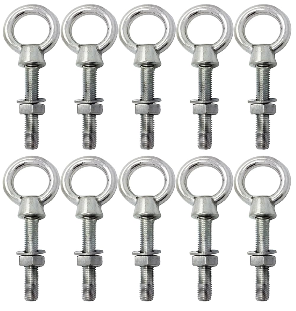 Lifting Long Eye Bolt Longshank with Full Nuts and Washer Stainless Steel Marine Grade (M6 x 40mm, 10)