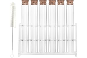 HUAOU 6pcs 60ml Glass Test Tube with Cork Stopper, 25x180mm Storage Tube with Cap, 6 Holes Acrylic Rack, Plant Propagation Vase, Tube Set for Scientific Experiments Lab Candy Liquid Party Decor
