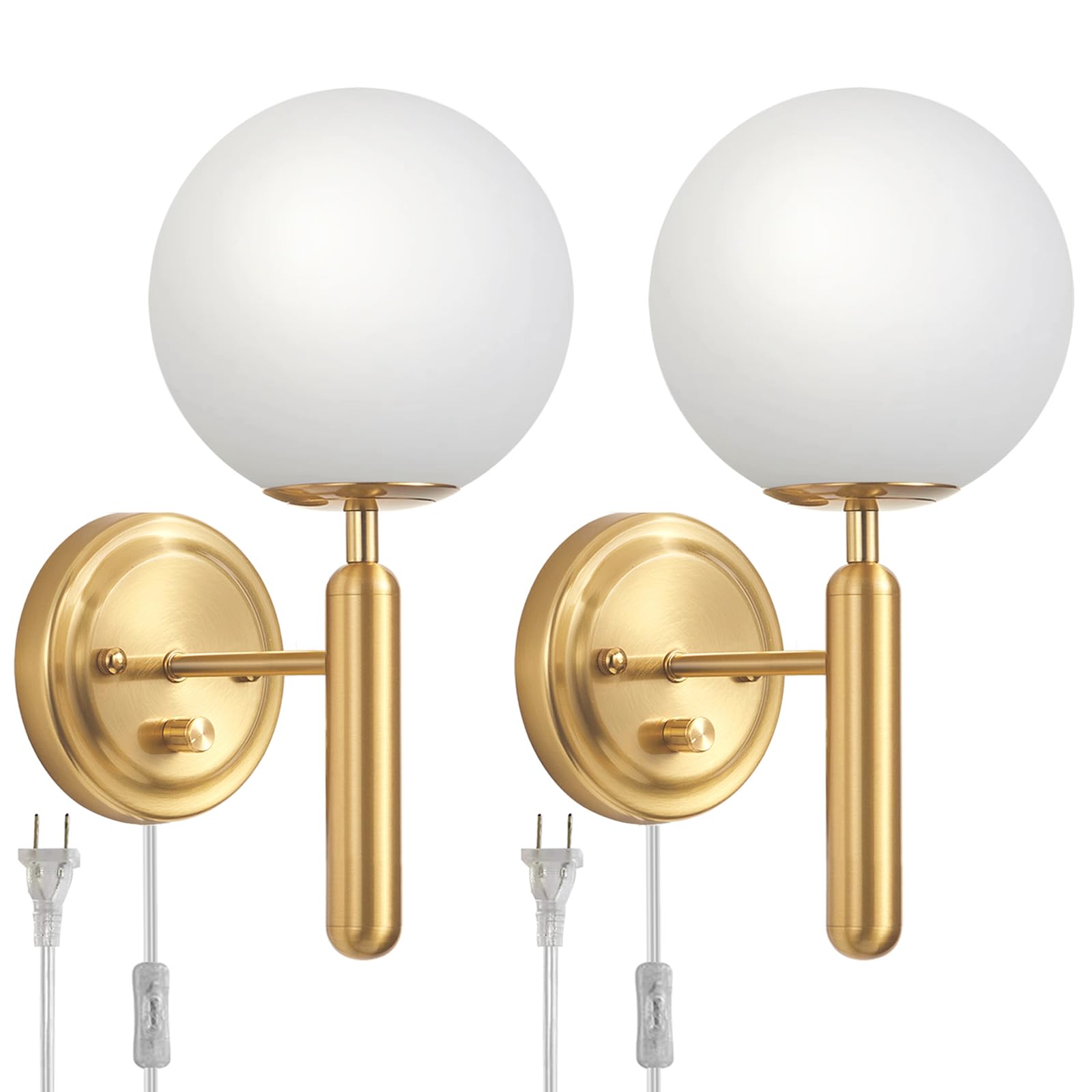 Photo 1 of Dimmable Plug in Wall Sconces Set of 2 with Milky Glass Globe Shade, Gold Wall Light with Plug in Electric Cord Dimmer Knob Switch Mid Century Modern Vintage Wall Lamp for Bedroom Bedside Living Room