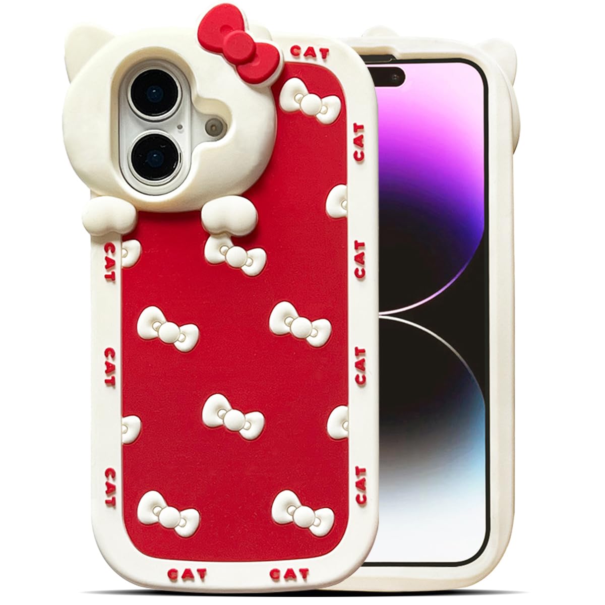 Snlmorela Cute Case for iPhone 17 6.1'', Red Kawaii Funny 3D Bow Cartoon Silicone Cat Phone case, Soft Shockproof Classic Protective Cover for Women Girls, and Kids