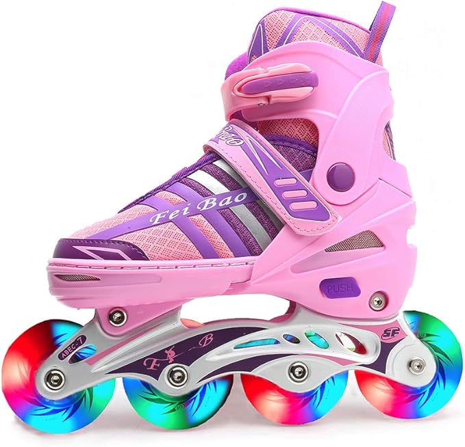 Exgingle Girls Inline Skates Illuminating Roller Blading with Light up Wheels for