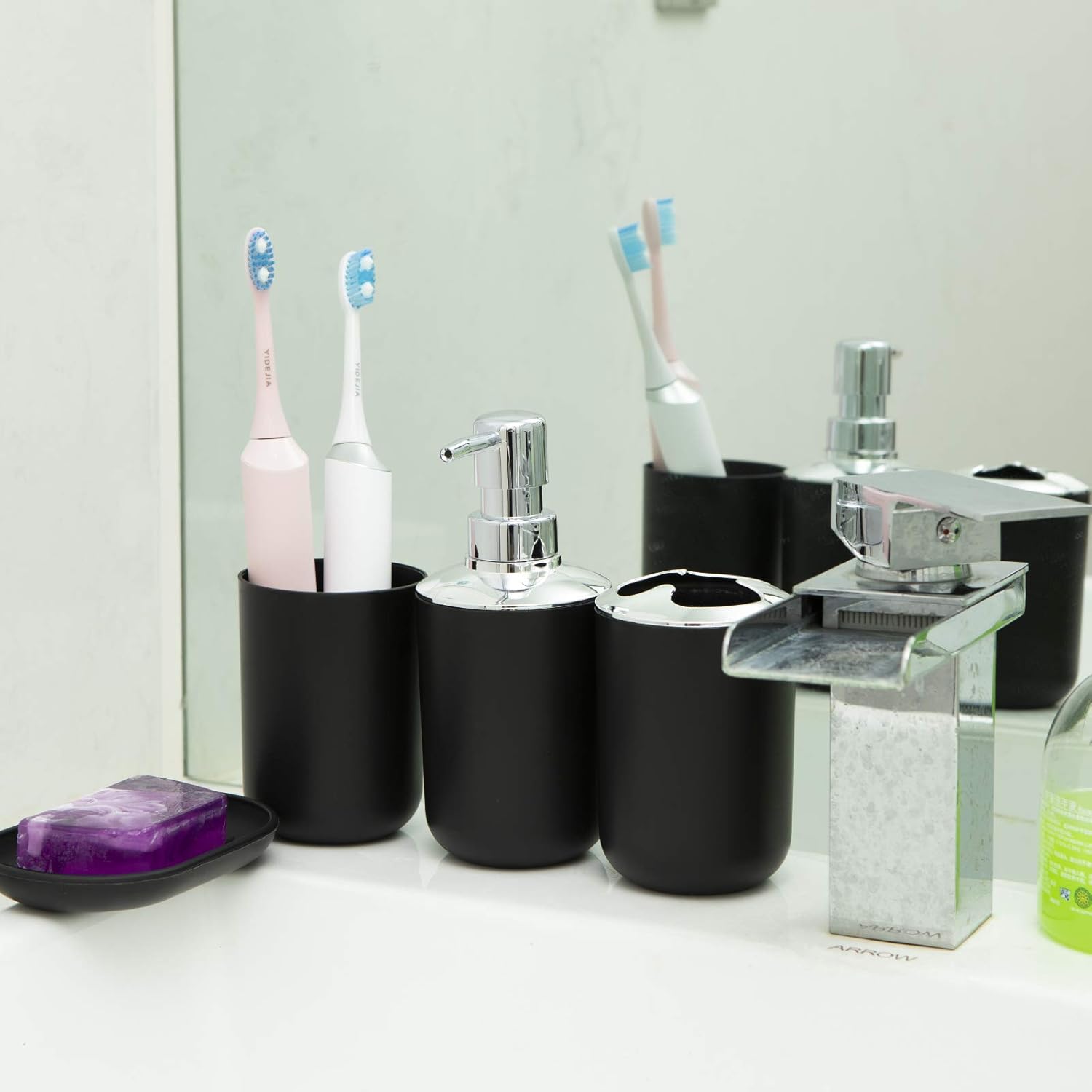 Bathroom Accessory Set 4 Pcs Plastic Bathroom Decor Toothbrush Holder Toothbrush Cup Soap Dispenser Soap Dish Farmhouse Decor Bathroom Home Decor Craft (Black): Home & Kitchen