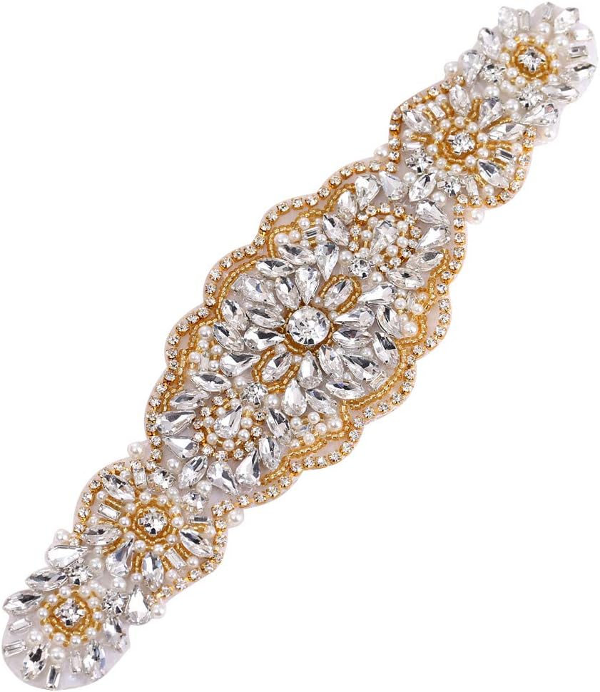 Rhinestone Applique,FANGZHIDI Gold Beaded Applique Wedding Applique Bridal Applique with Crystal Beads Rhinestones Sparkles Pearls Wide Big for Wedding Dress Decoration