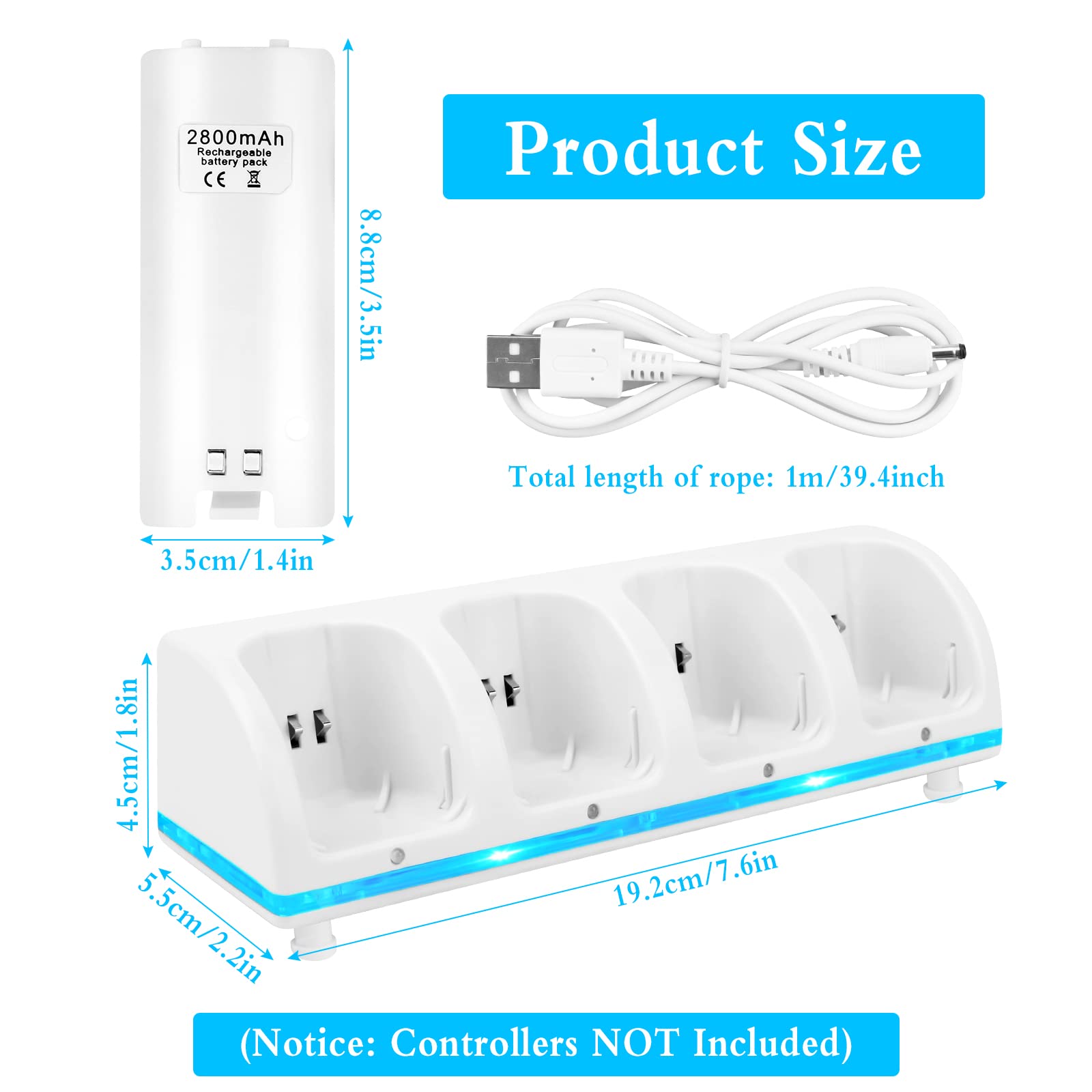 Wii Remote Charging Station, 4-in-1 Controller Charger Station with 4 Wii Rechargeable Battery Pack & USB Cable for Wii/Wii U Controller Remote (White)
