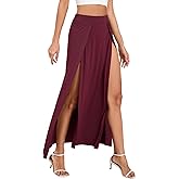 Zando Women's Double Slit Maxi Skirt - High Elastic Waist Flowy Long Split Skirt