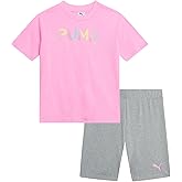 PUMA Girls' Biker Short Set - 2 Piece Short Sleeve Crewneck Graphic Tee Shirt and Bike Shorts for Girls (Sizes: 7-14)