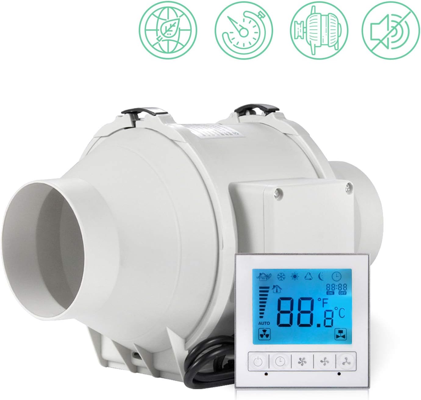 YJHome Inline Duct Fan High Efficiency Extractor Fan with Timer Smart Controller for Office Hotel Library Hydroponic Room 5”(ø125mm)